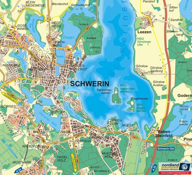 Landkarte und Stadtplan um den Schweriner See, Schwerin und Mecklenburg